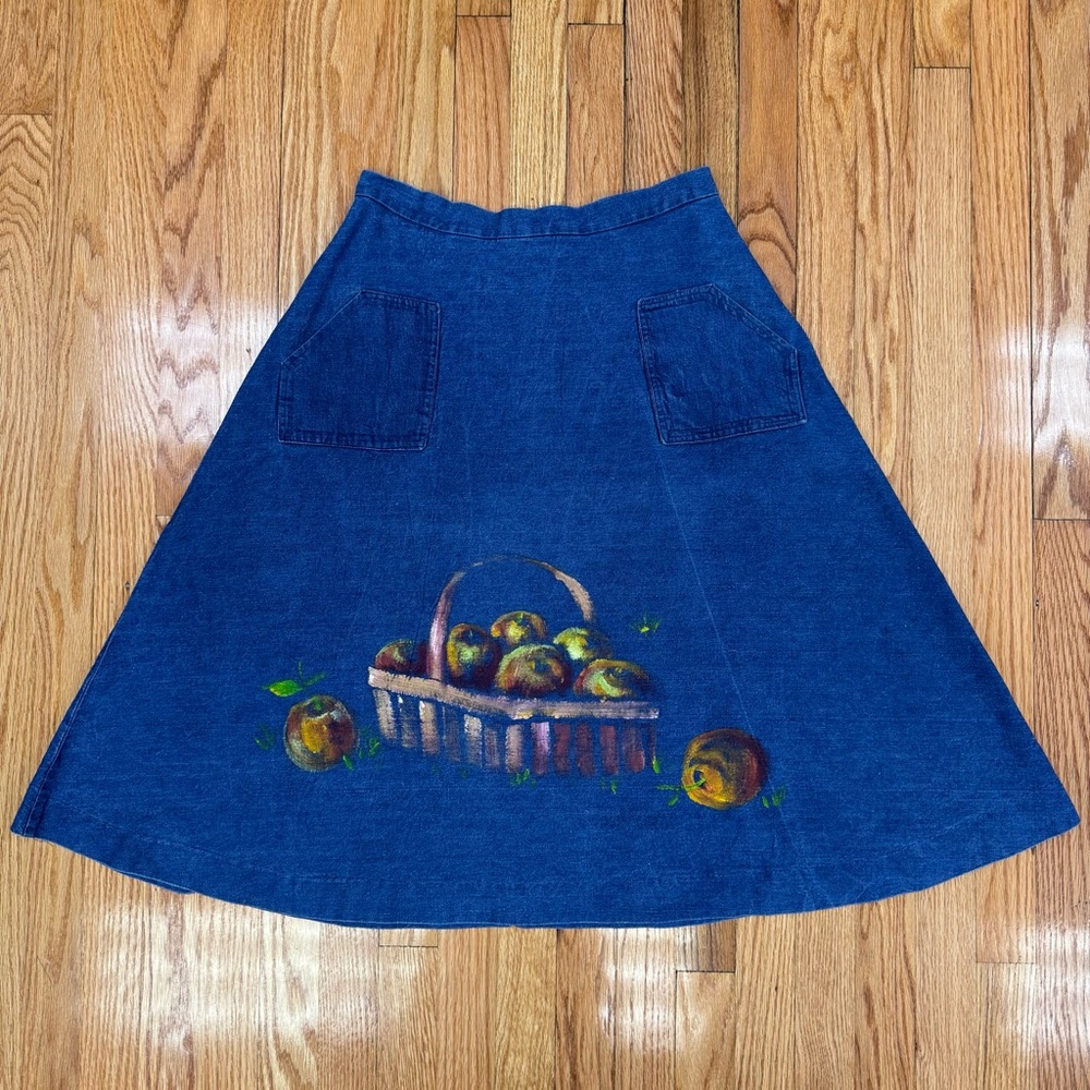 Vintage Mimosa Tree Blue Denim Skirt Handpainted Apple Basket Design 70’s Boho